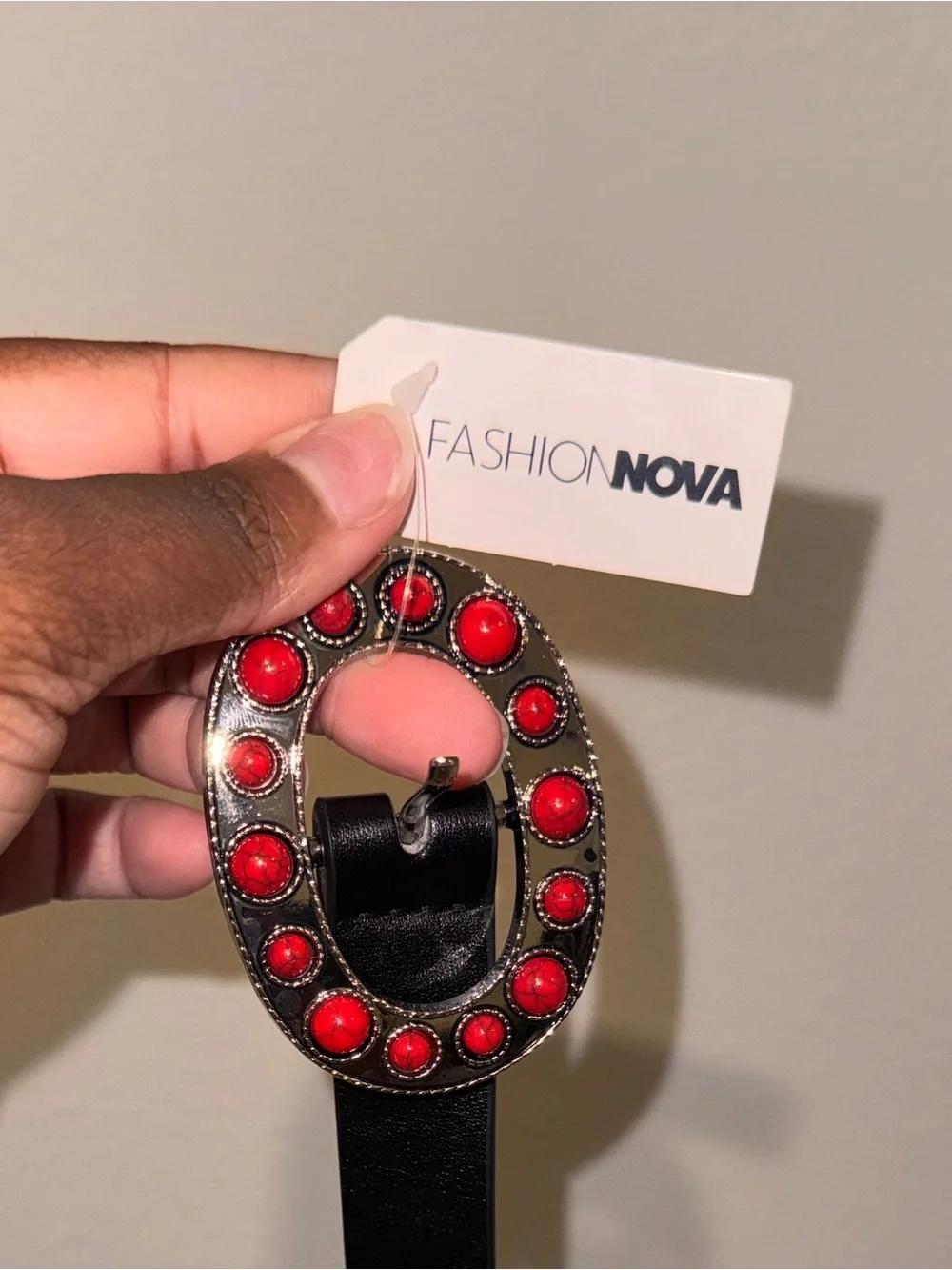 Fashion Nova Black Belt with Red Concho Accents